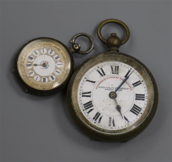 A base metal cased Superior Railway Timekeeper pocket watch and a Swiss 935 white metal fob watch.